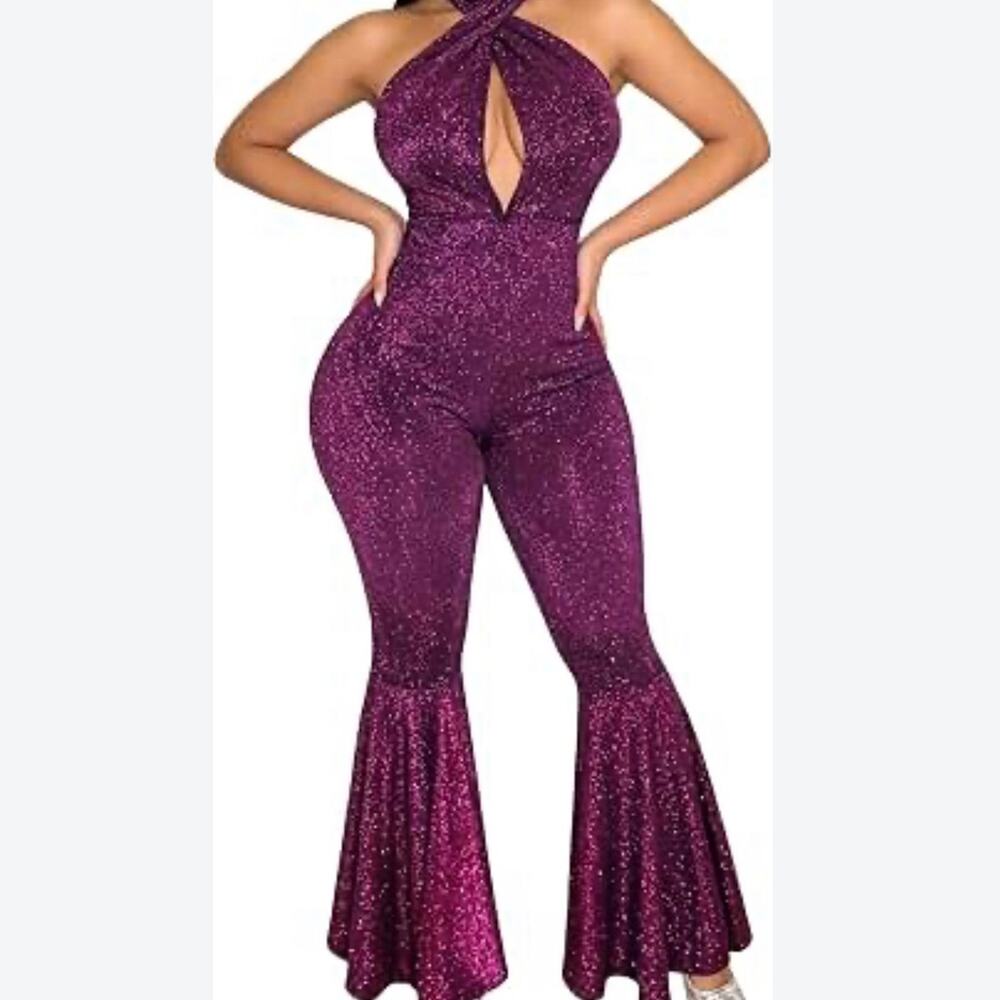 Selena Quintanilla Purple Sparkle Jumpsuit Costume Bell Bottom Catsuit